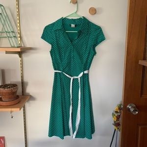 ModCloth ‘tropical wear’ retro vintage fit and flare green polka dot dress